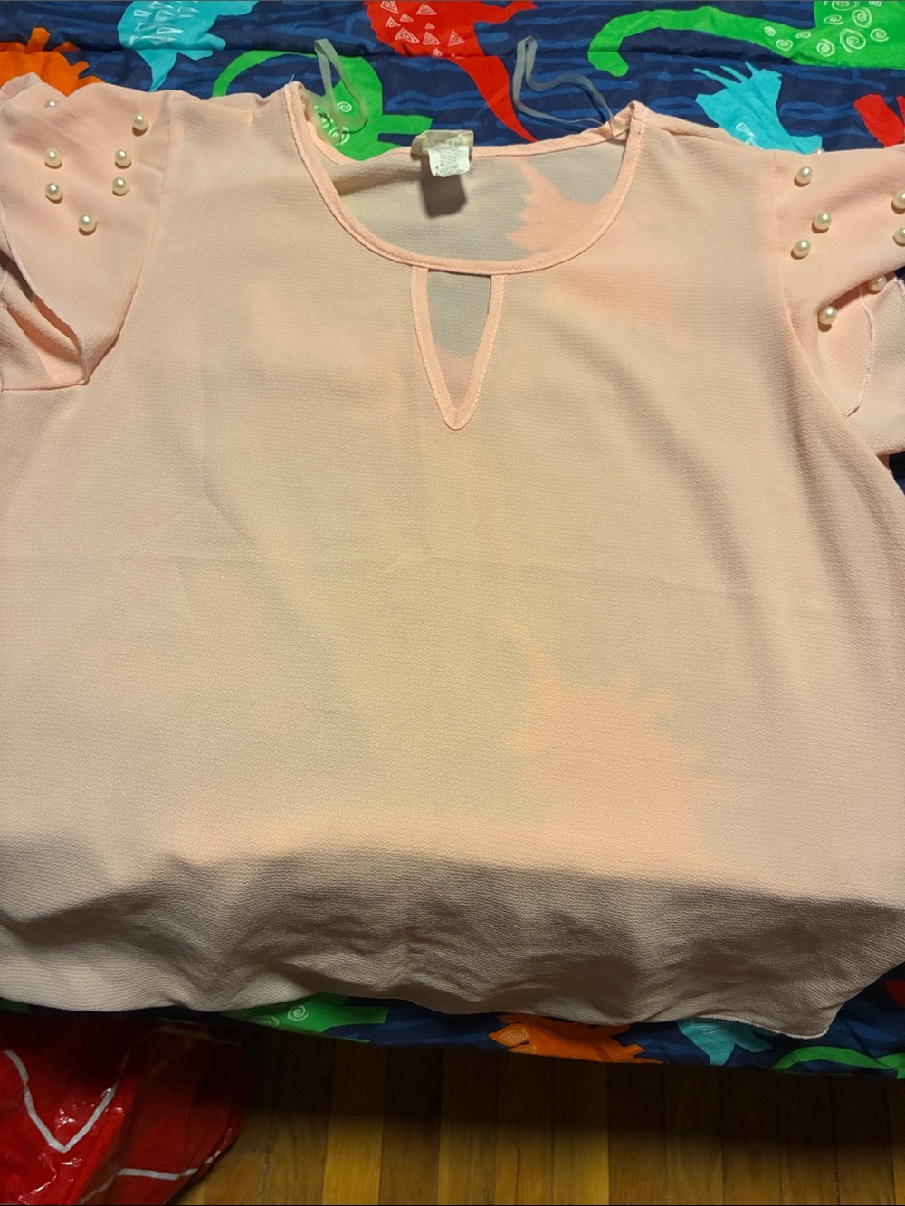 Pearl-Accent Keyhole Blouse - Light Peach